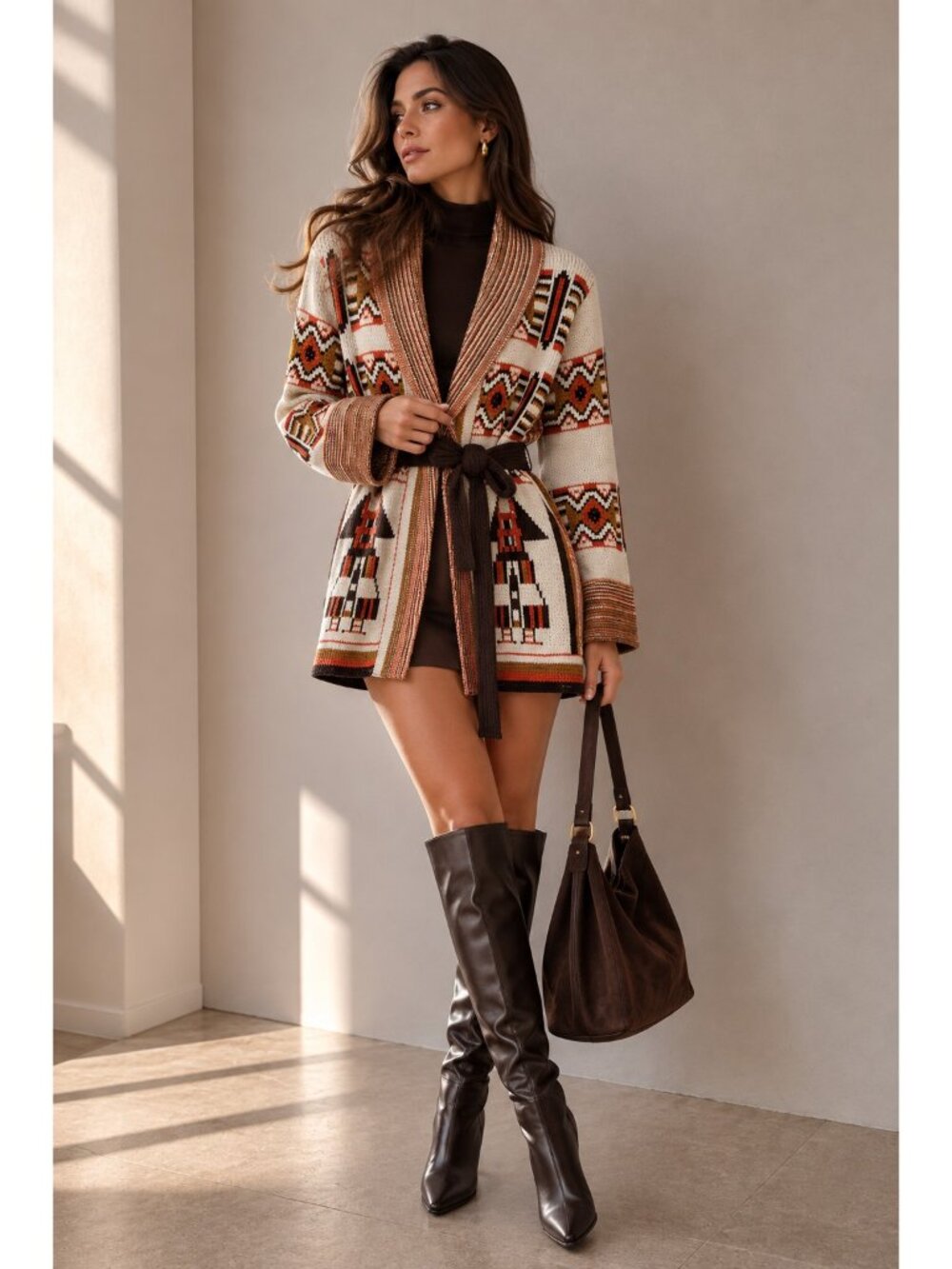 Vintage 1970s BROOKS Aztec Tribal Belted Wrap Cardigan Sweater S/M